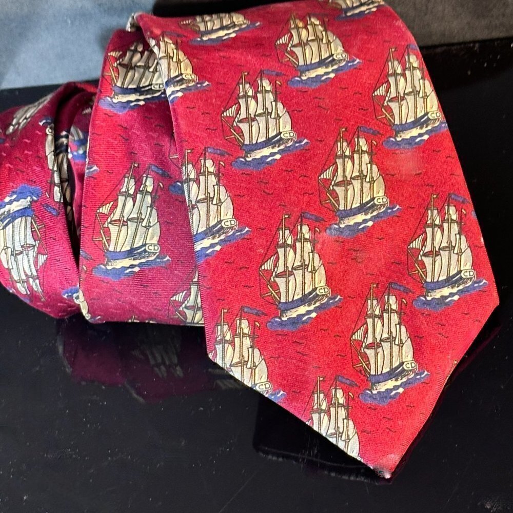 Dior Mid Century Modern Neckwear Tie 100% All Silk Red Sailboat Schooners Ship - Picture 8 of 8